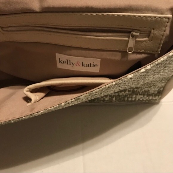 KELLY AND KATIE Tweed Clutch Handbag Chain Strap Green Tan Cream Snap Closure - Picture 3 of 6